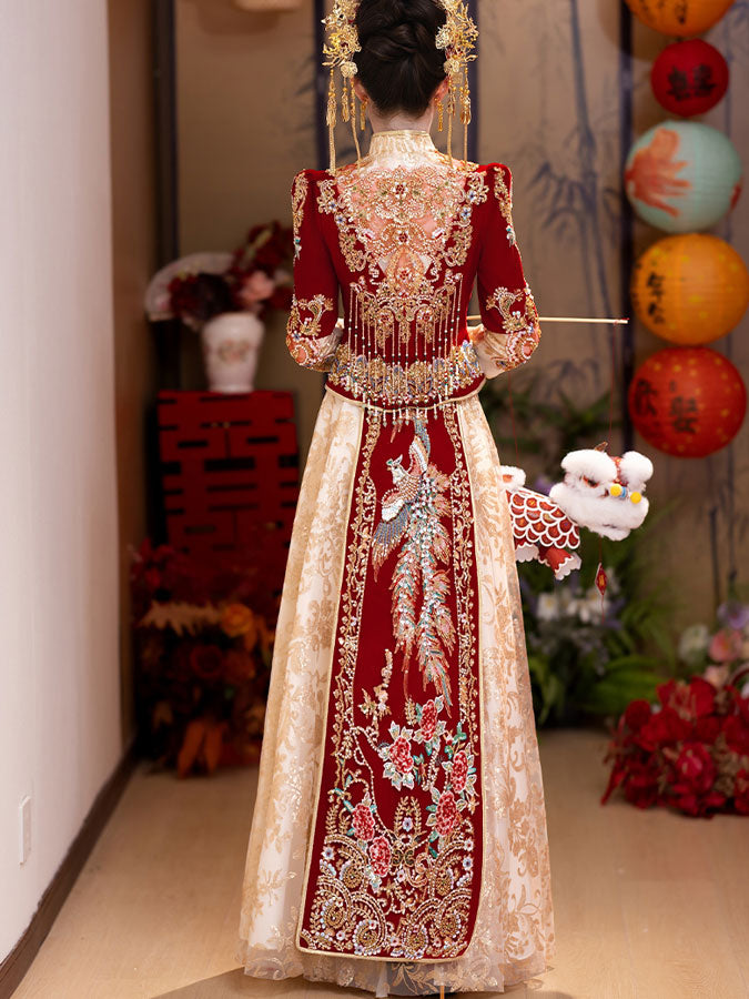 Coloblock Sequins Beads Phoenix Wedding Bridal Qungua Xiuhe