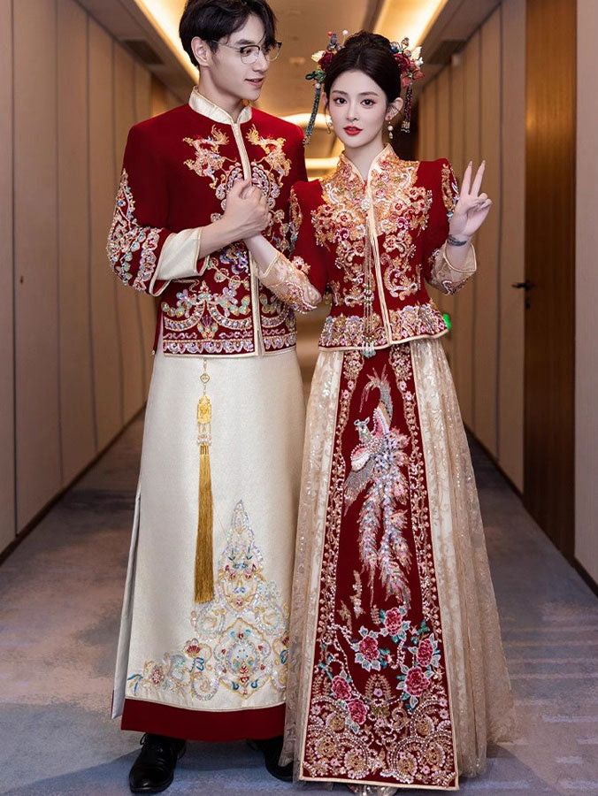 Coloblock Sequins Beads Phoenix Wedding Bridal Qungua Xiuhe