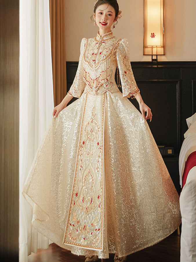 Champagne Sequins Beads Tassels Mesh Bridal Qun Gua