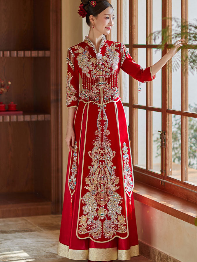 Beads Appliques Tassels V-Neck Bridal Qun Gua Xiuhe