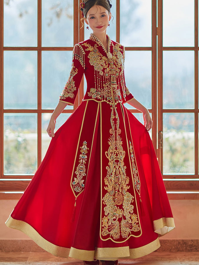Beads Appliques Tassels V-Neck Bridal Qun Gua Xiuhe