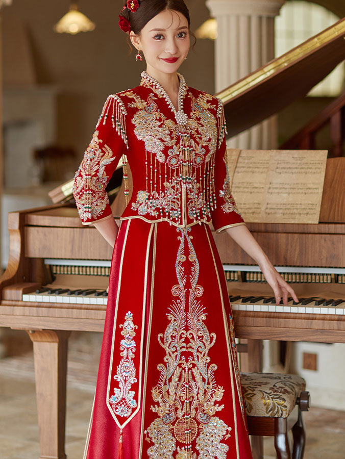 Beads Appliques Tassels V-Neck Bridal Qun Gua Xiuhe
