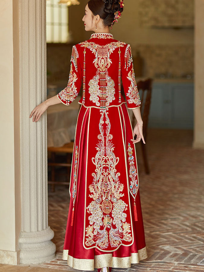 Beads Appliques Tassels V-Neck Bridal Qun Gua Xiuhe
