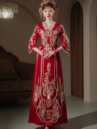 Sequins Beads Phoenix V-Neck Bridal Qun Gua Xiuhe