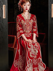 Sequins Beads Phoenix V-Neck Bridal Qun Gua Xiuhe