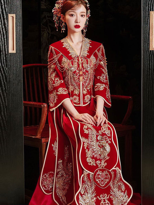 Sequins Beads Phoenix V-Neck Bridal Qun Gua Xiuhe
