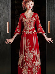 Sequins Beads Phoenix V-Neck Bridal Qun Gua Xiuhe