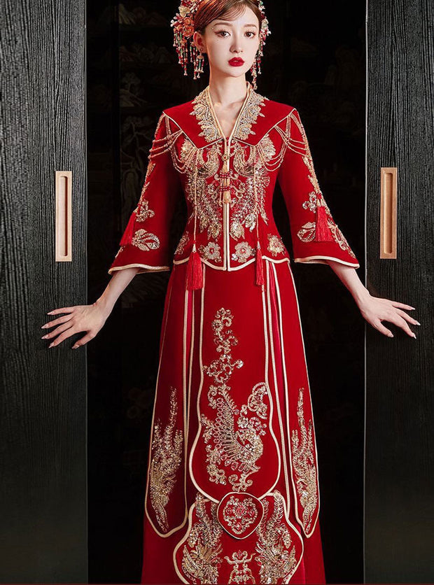 Sequins Beads Phoenix V-Neck Bridal Qun Gua Xiuhe