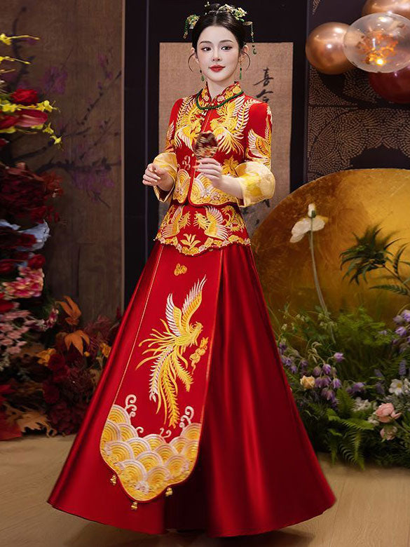 Red Embroidered Phoenix Wedding Bridal Qun Gua Xiuhe