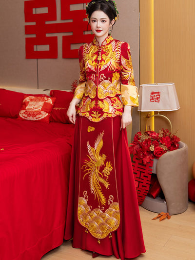 Red Embroidered Phoenix Wedding Bridal Qun Gua Xiuhe