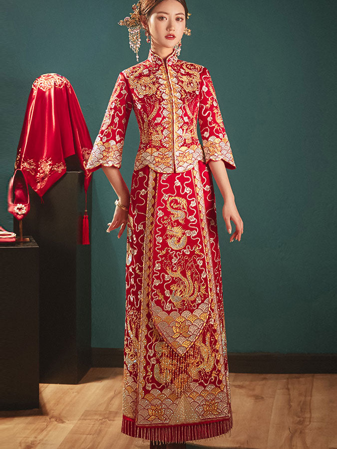 Beads Dragon Phoenix Embroidery Wedding Bridal Qun Gua 五福龙凤褂