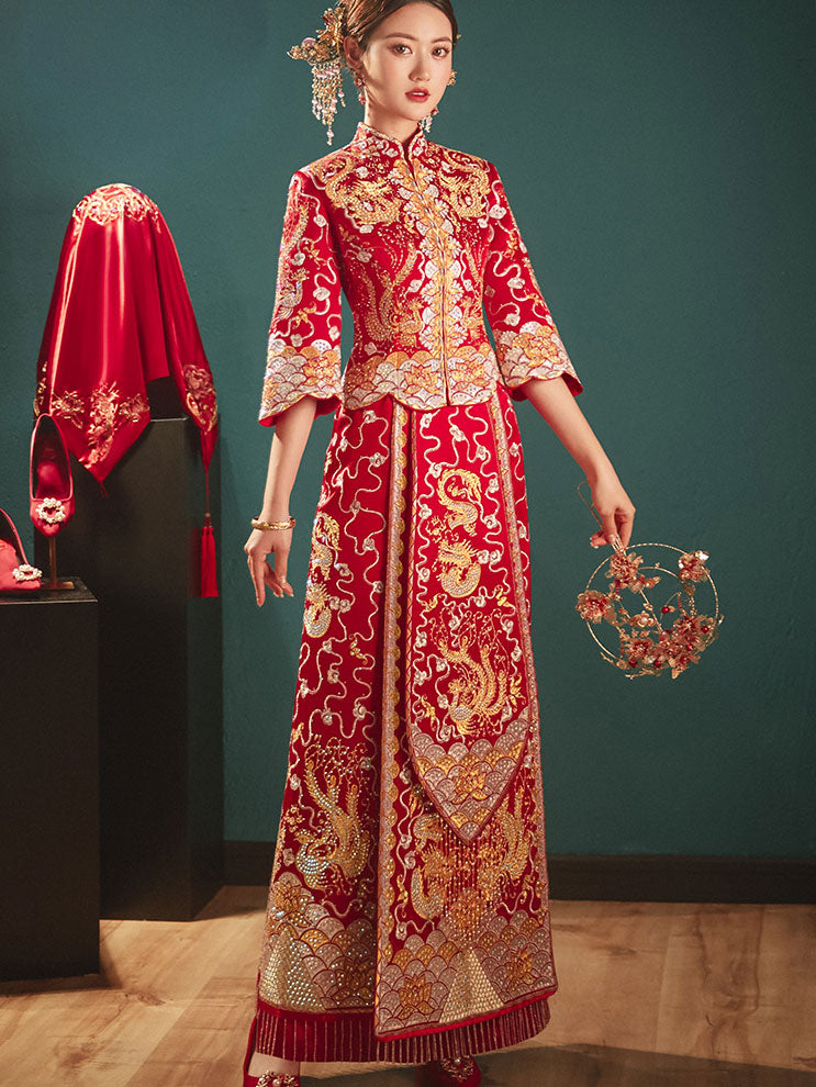 Beads Dragon Phoenix Embroidery Wedding Bridal Qun Gua 五福龙凤褂
