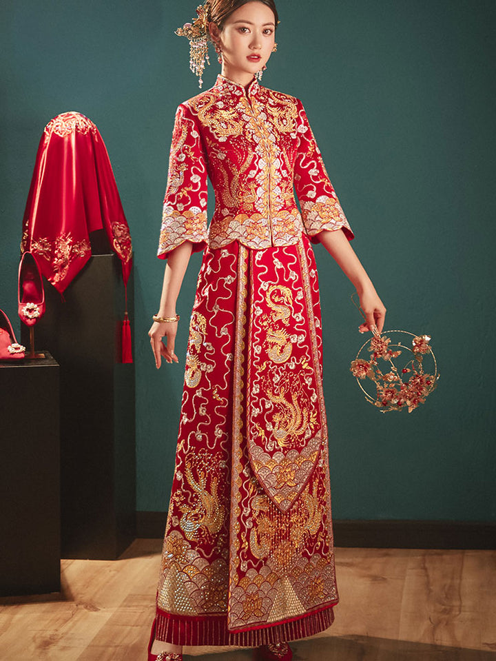 Beads Dragon Phoenix Embroidery Wedding Bridal Qun Gua 五福龙凤褂