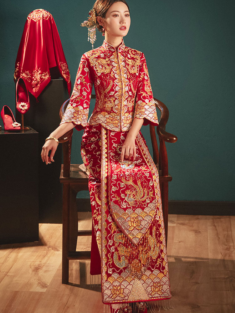 Beads Dragon Phoenix Embroidery Wedding Bridal Qun Gua 五福龙凤褂