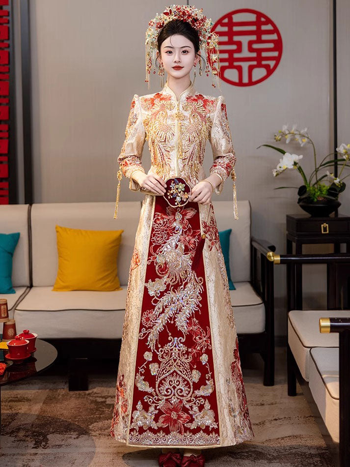 Shimmer Sequins Phoenix Wedding Groom Bridal Qun Gua 秀禾服