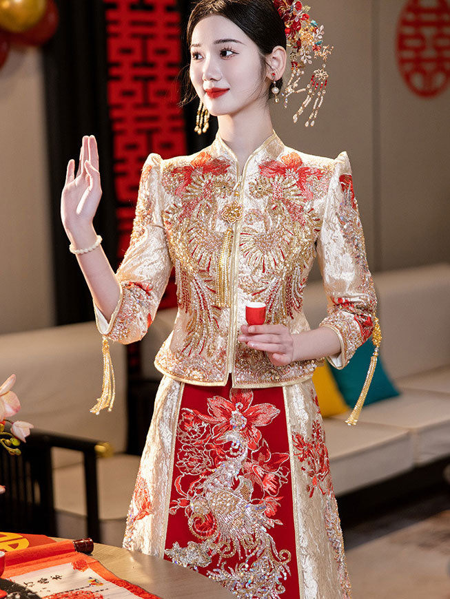 Shimmer Sequins Phoenix Wedding Groom Bridal Qun Gua 秀禾服