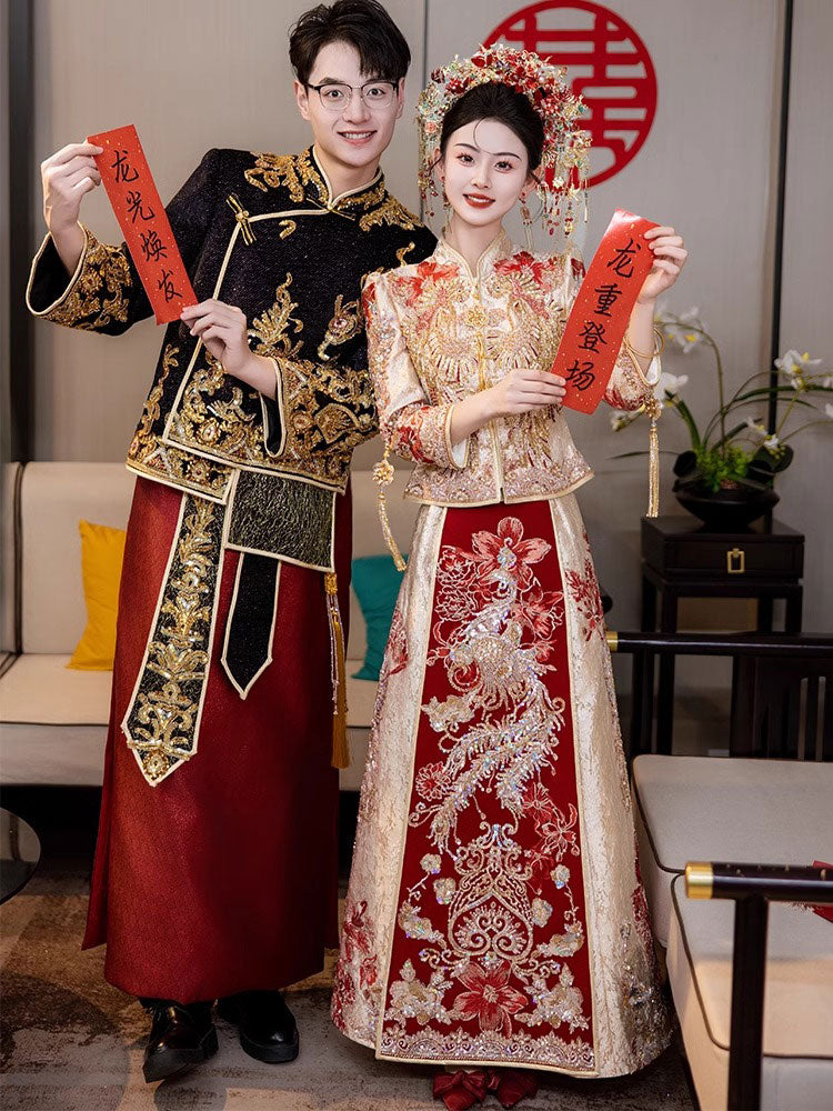 Shimmer Sequins Phoenix Wedding Groom Bridal Qun Gua 秀禾服