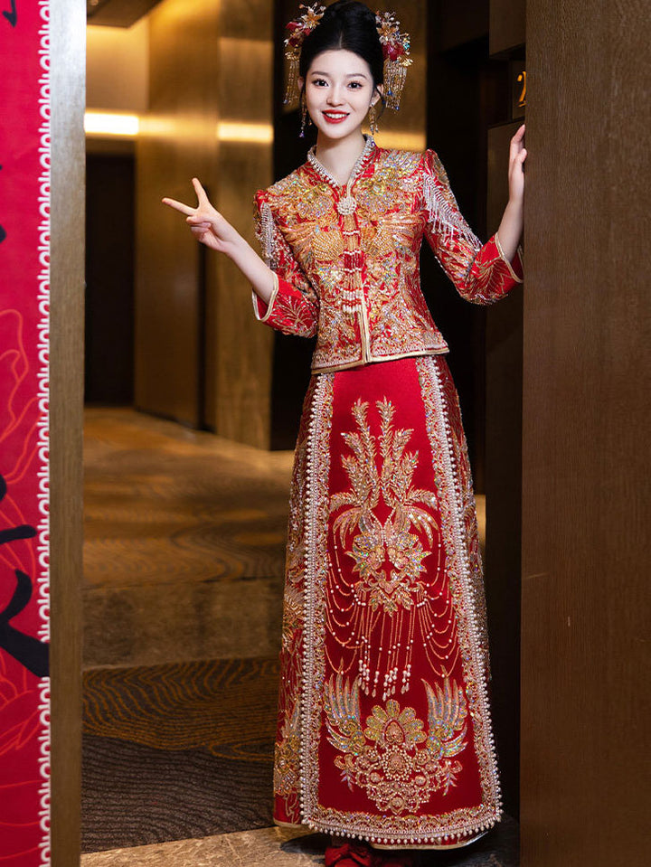 Gorgeous Shimmer Zircon Phoenix Wedding Bridal Qun Gua