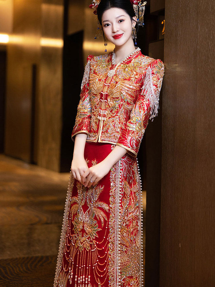 Gorgeous Shimmer Zircon Phoenix Wedding Bridal Qun Gua