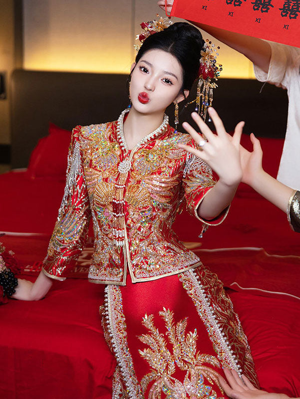 Gorgeous Shimmer Zircon Phoenix Wedding Bridal Qun Gua