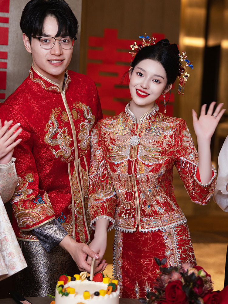 Gorgeous Shimmer Zircon Phoenix Wedding Bridal Qun Gua