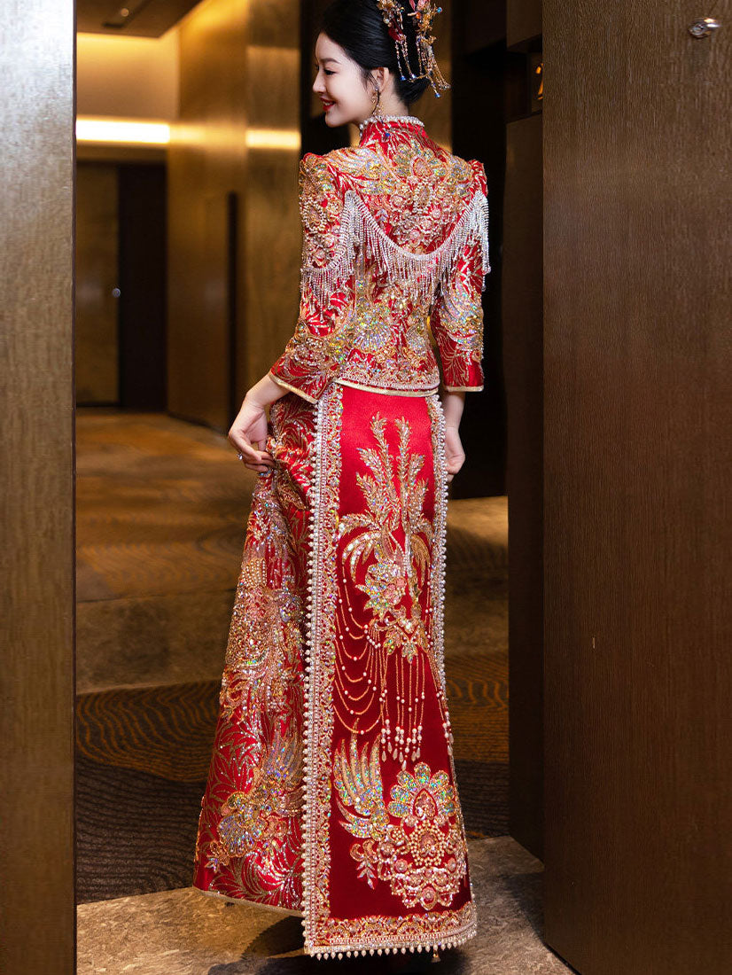 Gorgeous Shimmer Zircon Phoenix Wedding Bridal Qun Gua