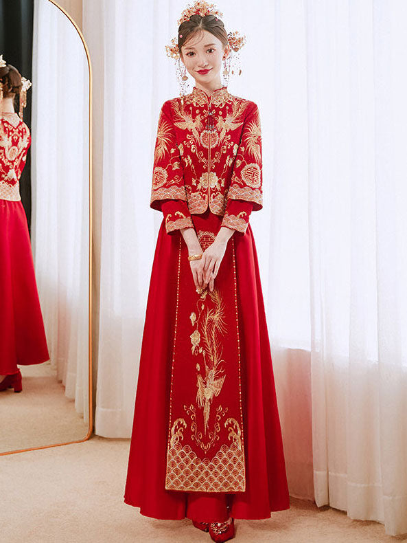 Red Embroidered Wedding Bridal Xiuhe Jacket & Skirt 秀禾服