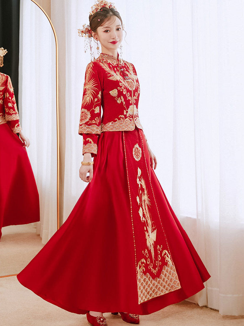 Red Embroidered Wedding Bridal Xiuhe Jacket & Skirt 秀禾服
