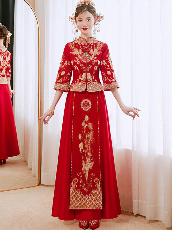 Red Embroidered Wedding Bridal Xiuhe Jacket & Skirt 秀禾服