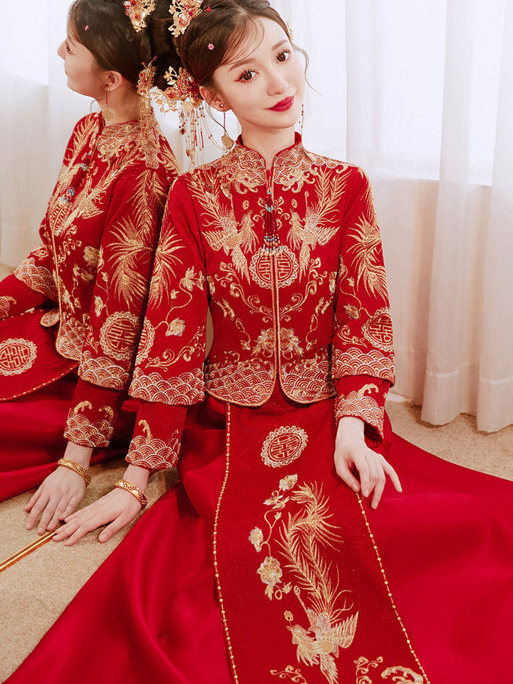 Red Embroidered Wedding Bridal Xiuhe Jacket & Skirt 秀禾服