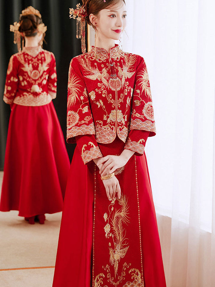 Red Embroidered Wedding Bridal Xiuhe Jacket & Skirt 秀禾服