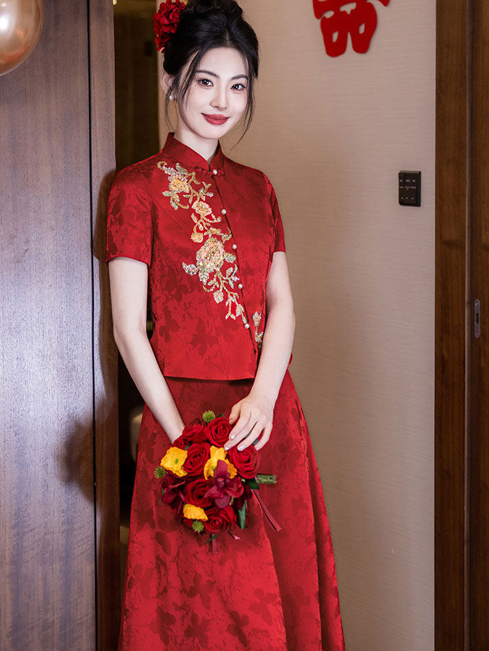 2 Pieces Modern Appliques Wedding Bride Top & Skirt Xiuhe