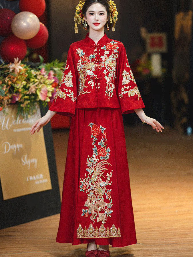 2 Pieces Red Embroidered Wedding Bride Top & Skirt Xiuhe Qun Gua