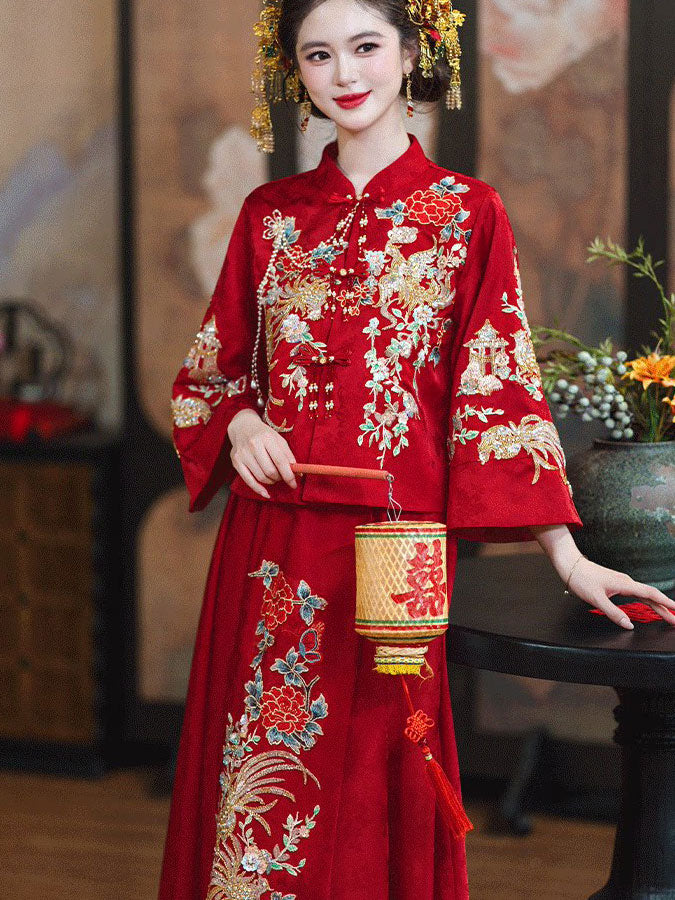 2 Pieces Red Embroidered Wedding Bride Top & Skirt Xiuhe Qun Gua