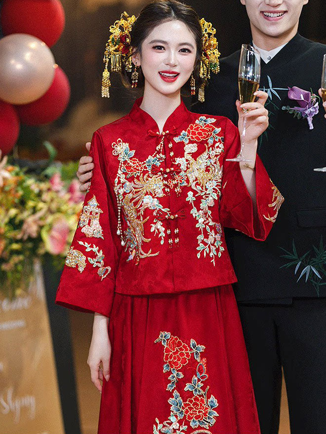 2 Pieces Red Embroidered Wedding Bride Top & Skirt Xiuhe Qun Gua