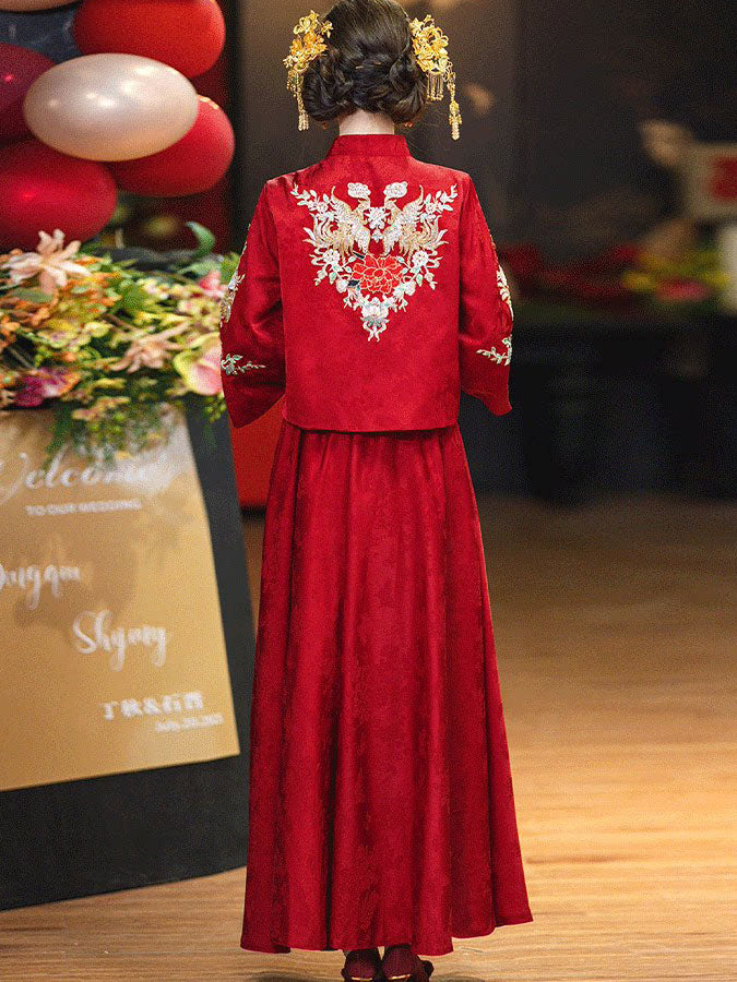 2 Pieces Red Embroidered Wedding Bride Top & Skirt Xiuhe Qun Gua