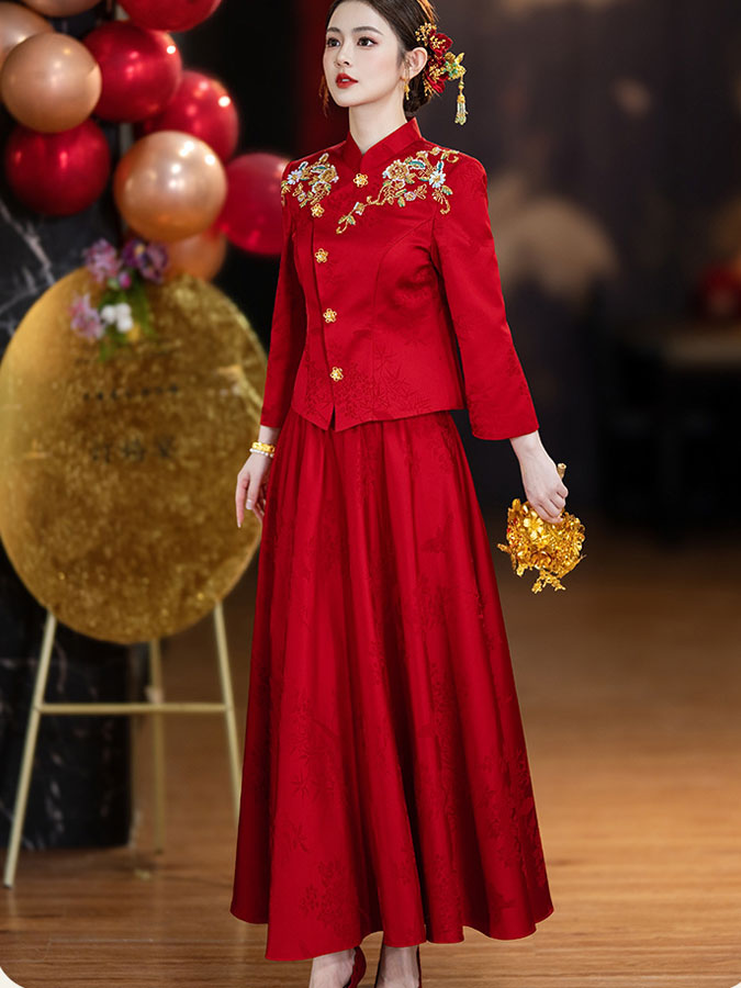 Tow Pieces Modern Appliques Wedding Bridal Satin Jakcet & Skirt Xiuhe