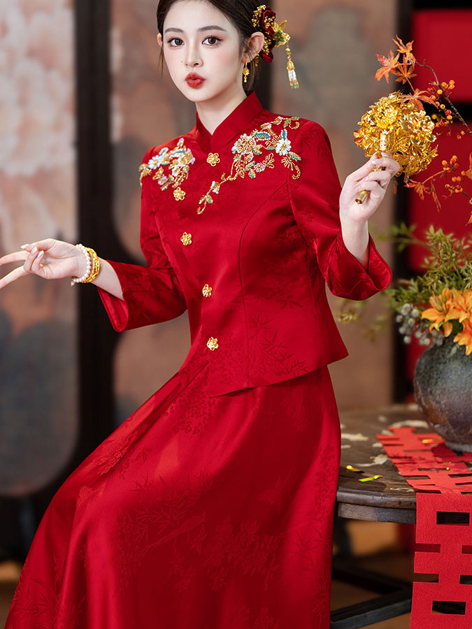 Tow Pieces Modern Appliques Wedding Bridal Satin Jakcet & Skirt Xiuhe