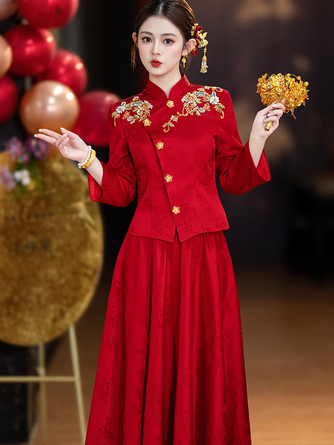 Tow Pieces Modern Appliques Wedding Bridal Satin Jakcet & Skirt Xiuhe