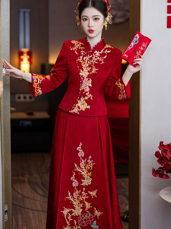 Two-Piece Chinese Wedding Bridal Embroidered Wedding Xiu He Outfit