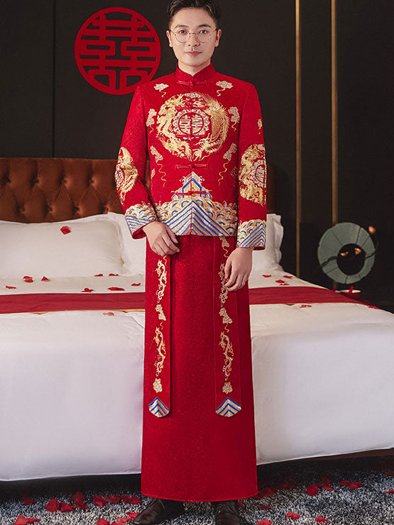 Embroidered Dragon Phoenix Man Wedding Suit Jacket & Skirt