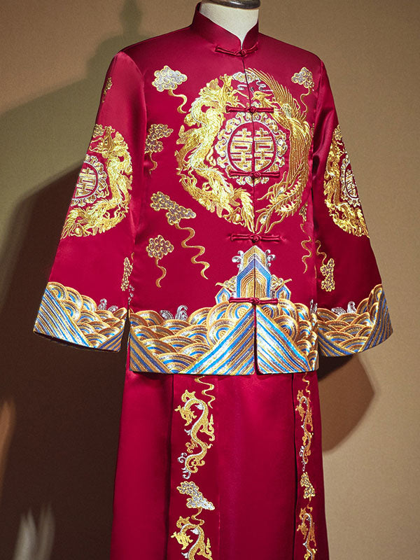 Embroidered Dragon Phoenix Man Wedding Suit Jacket & Skirt