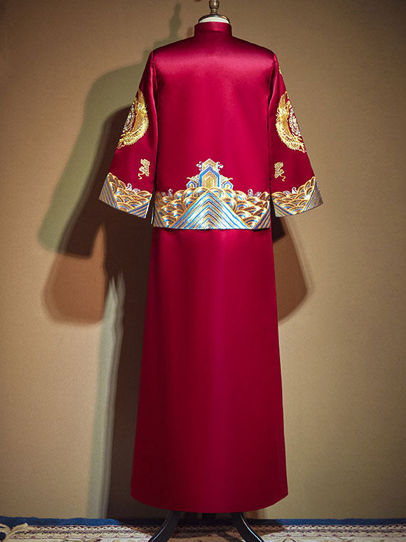 Embroidered Dragon Phoenix Man Wedding Suit Jacket & Skirt