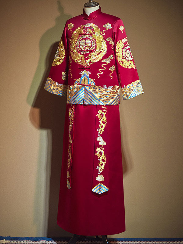 Embroidered Dragon Phoenix Man Wedding Suit Jacket & Skirt