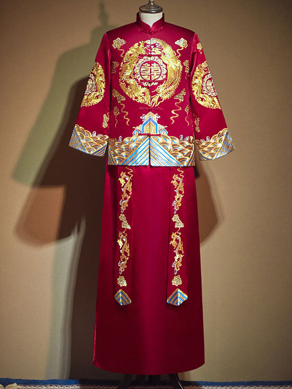 Embroidered Dragon Phoenix Man Wedding Suit Jacket & Skirt