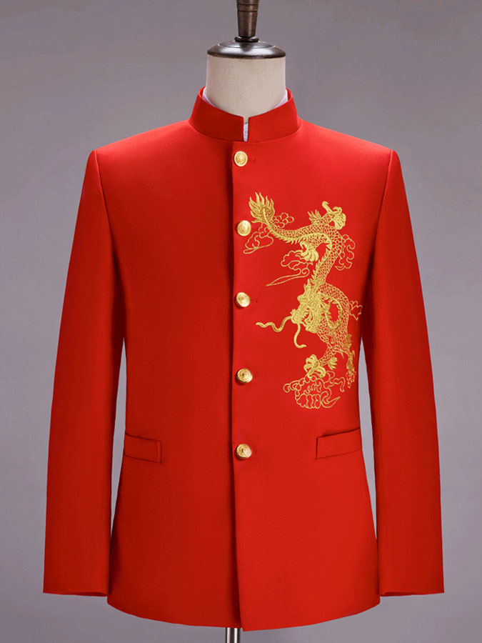Black White Embroidered Dragon Chinese Tunic Suit Jacket