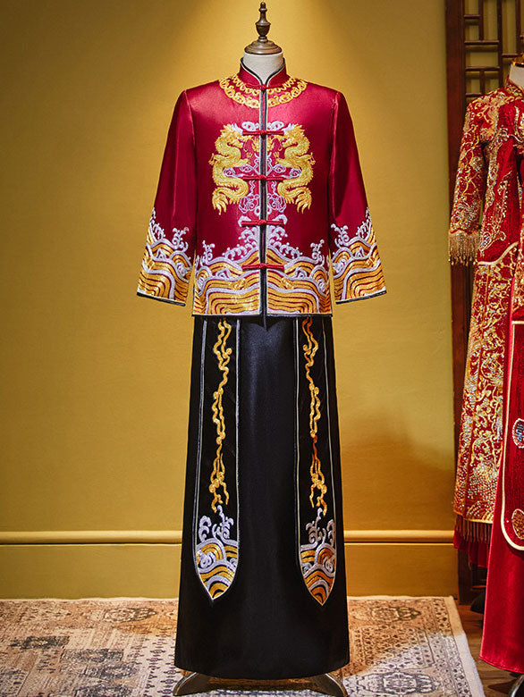 2024 Colorblock Man Dragon Wedding Qun Kwa Jacket & Skirt