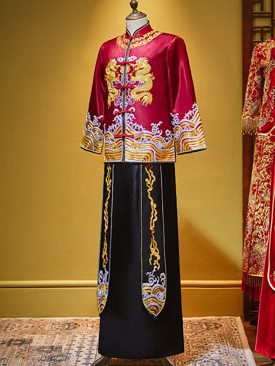 2024 Colorblock Man Dragon Wedding Qun Kwa Jacket & Skirt