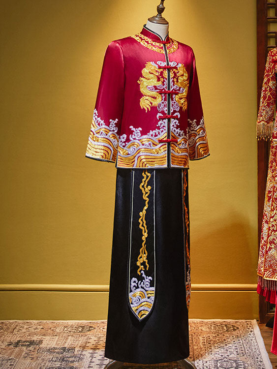 2024 Colorblock Man Dragon Wedding Qun Kwa Jacket & Skirt