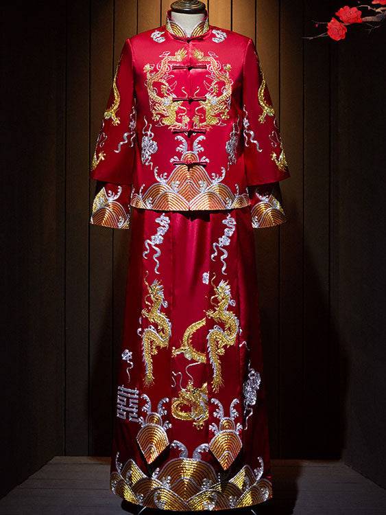 2024 Embroidered Dragon Man Wedding QunKwa Jacket & Skirt